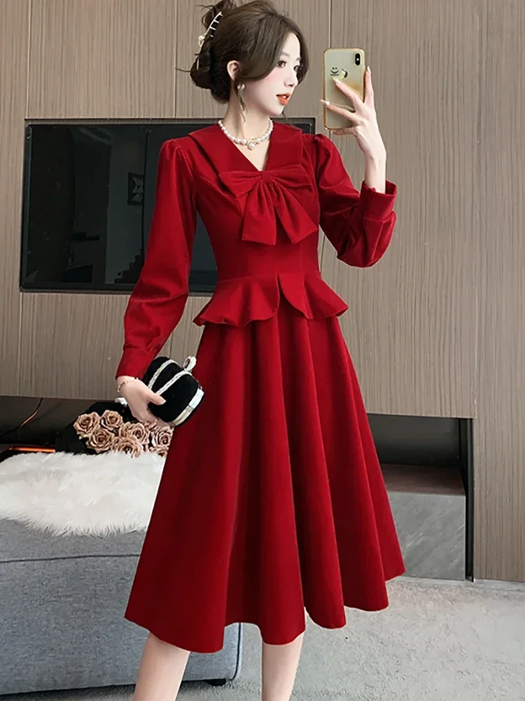 2025 coreano vintage vestidos de noite feminino veludo vermelho chique babados elegante vestido longo arco colarinho vestido de luxo para casamento feminino