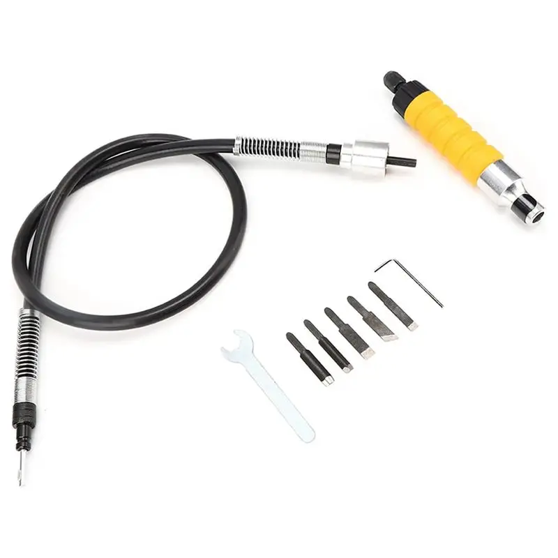 AT05-Electric Woodworking Carving Chisel Set With Yellow Handle For Effortless Wood Carving, Flexible Shaft, 5 Blades,