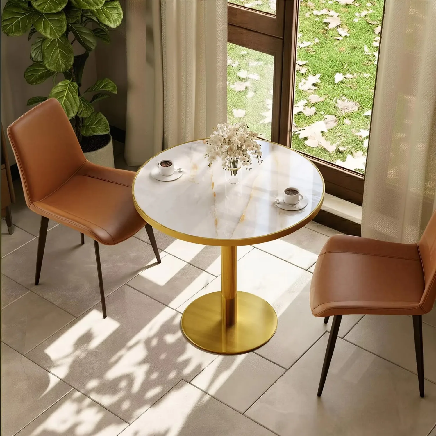 31.5" Round Tulip Table with Gold Vein Onyx Sintered Stone Top | 1.2" Thick Marble Look Sintered Stone Top, Brushed
