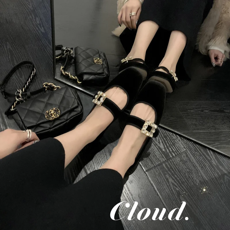 

New autumn and winter square-toed Mary Jane flats with rhinestone square buckle and single strap for women