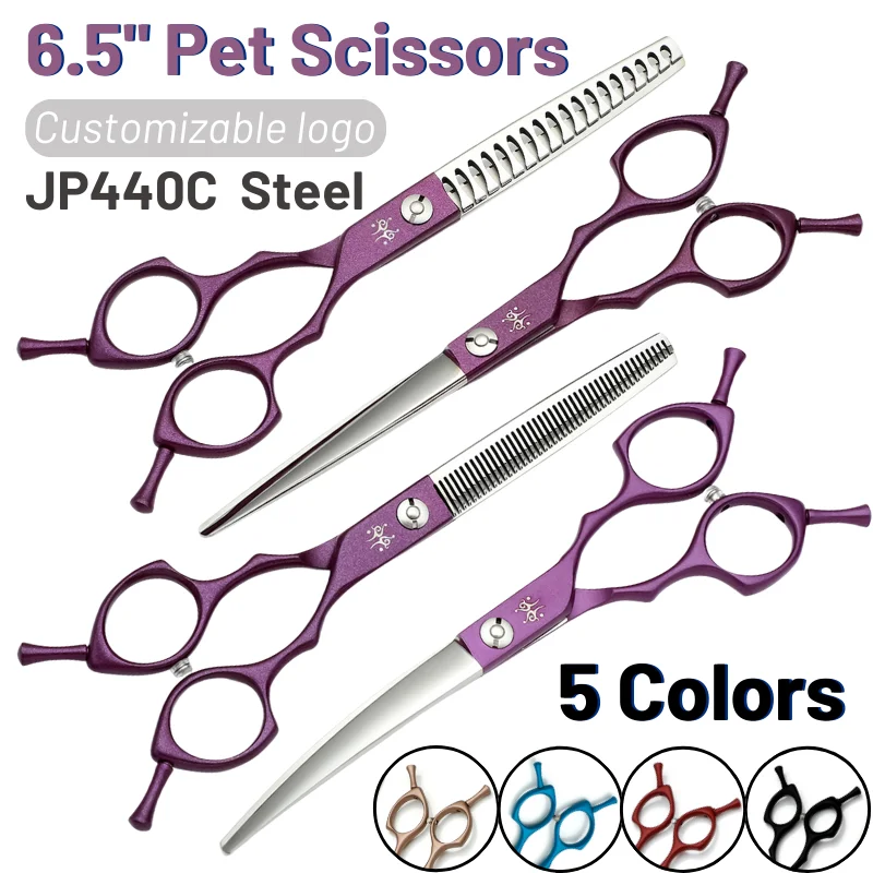 6.5in Professional Dog Grooming Shears Kit Japan 440C Steel Chunker Thinning Curved Pet Scissors Set for Dogs Cats Body Cutting