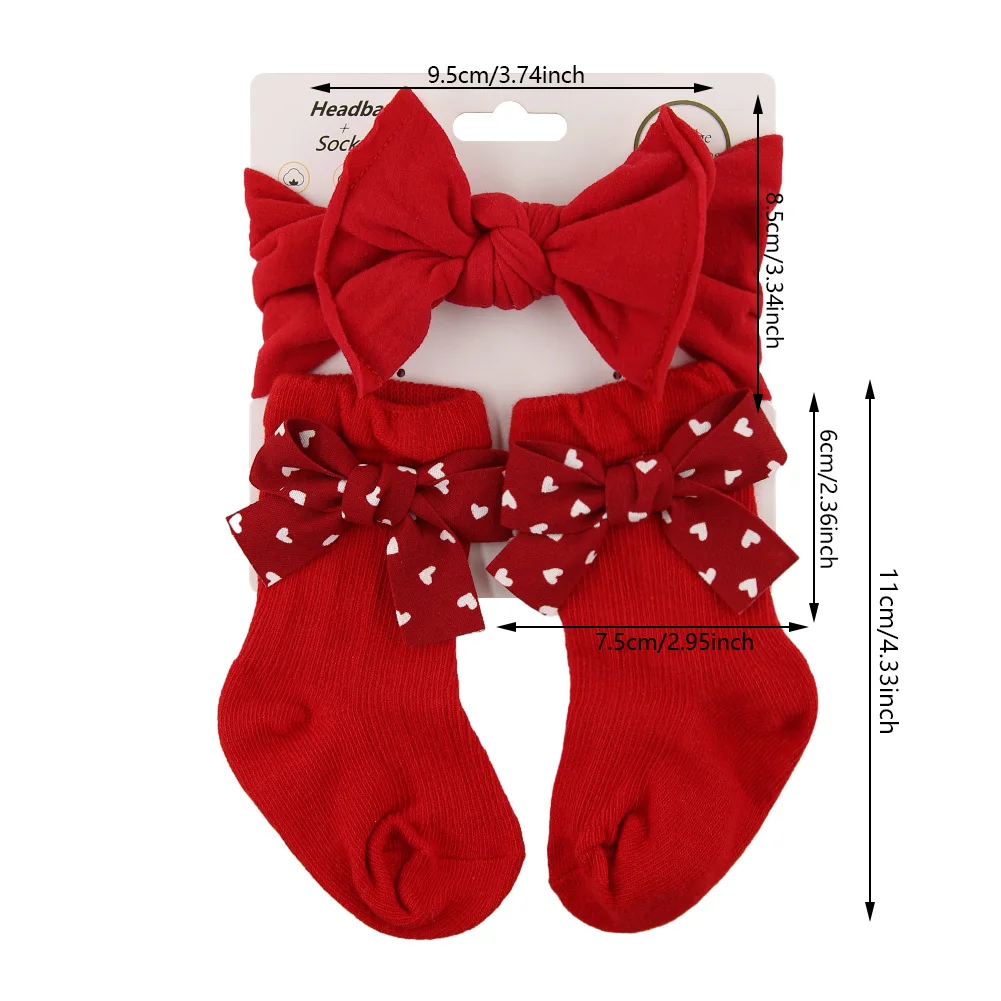 3Pcs/Set Christmas Red Bow Baby Headbands Long Knee Socks Dot Plaid Heart Print Bow 0-12M Sock Velvet Bullet Nylon New Year Gift