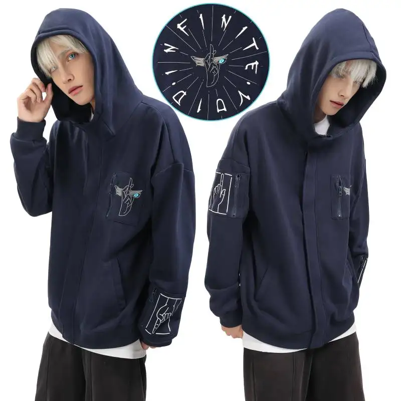 DAZCOS JJK Satoru Hoodie Polyester-blend Stylish Design Satoru Hoodie US Size Men Full Zipper Sweatshirt with Printed Pockets