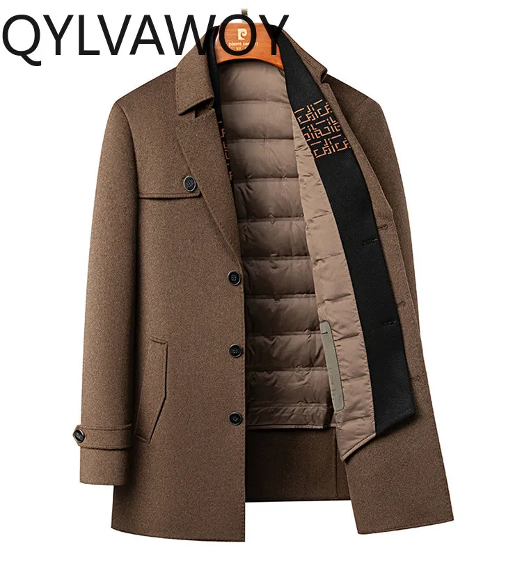 

QYLVAWOY Зимнее мужское пальто из 69,6% овечьей шерсти, средней длины, с высококачественным пуховым утеплителем, утолщенное, теплое, для делового и повседневного стиля