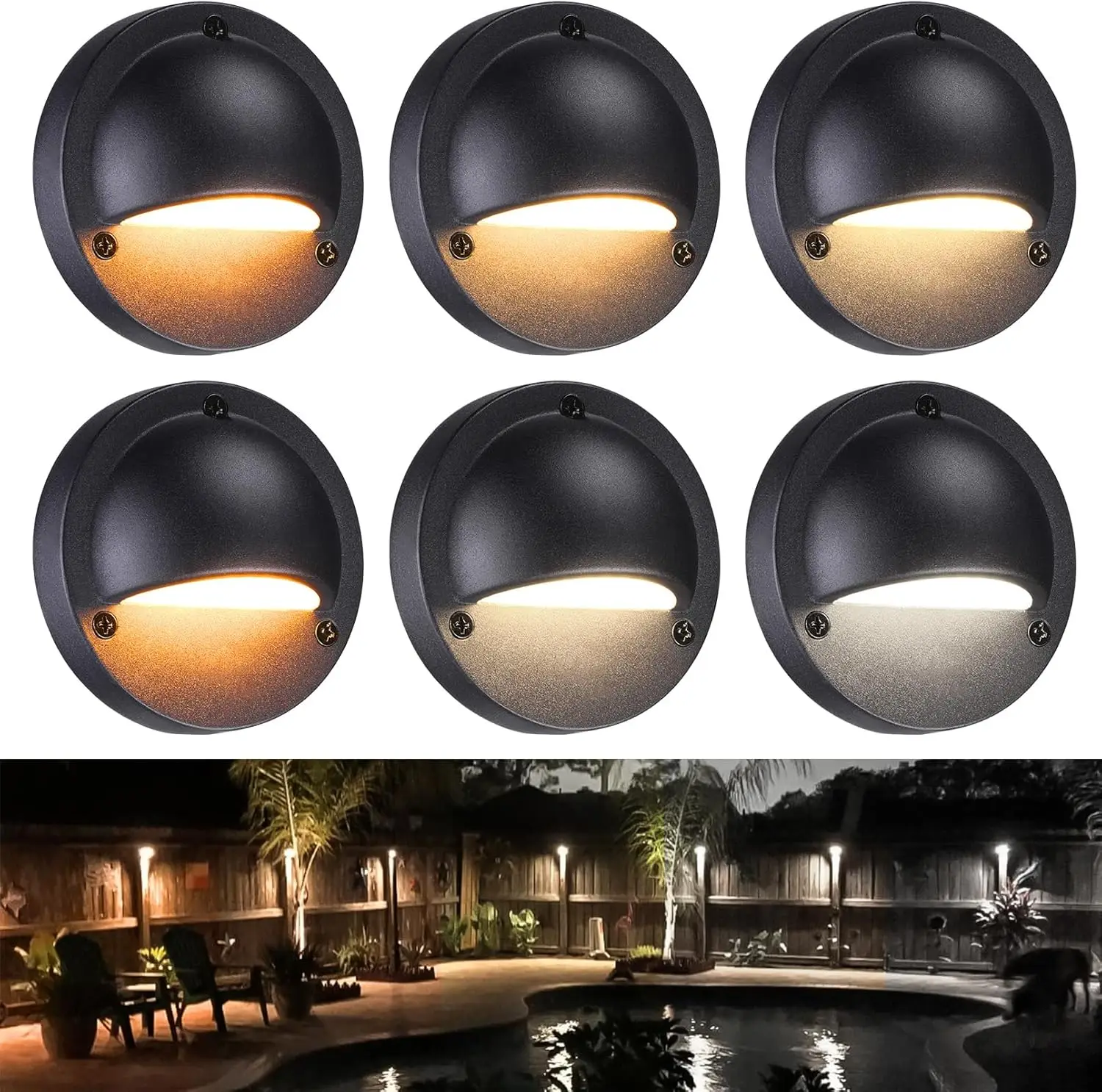 

5CCT LED Low Voltage Deck Lights, 180LM 3.74in Landscape Step Railing Light, 12-24V AC/DC, CRI90, Die-cast Aluminum, Frosted Glass, Black, Pack of 6