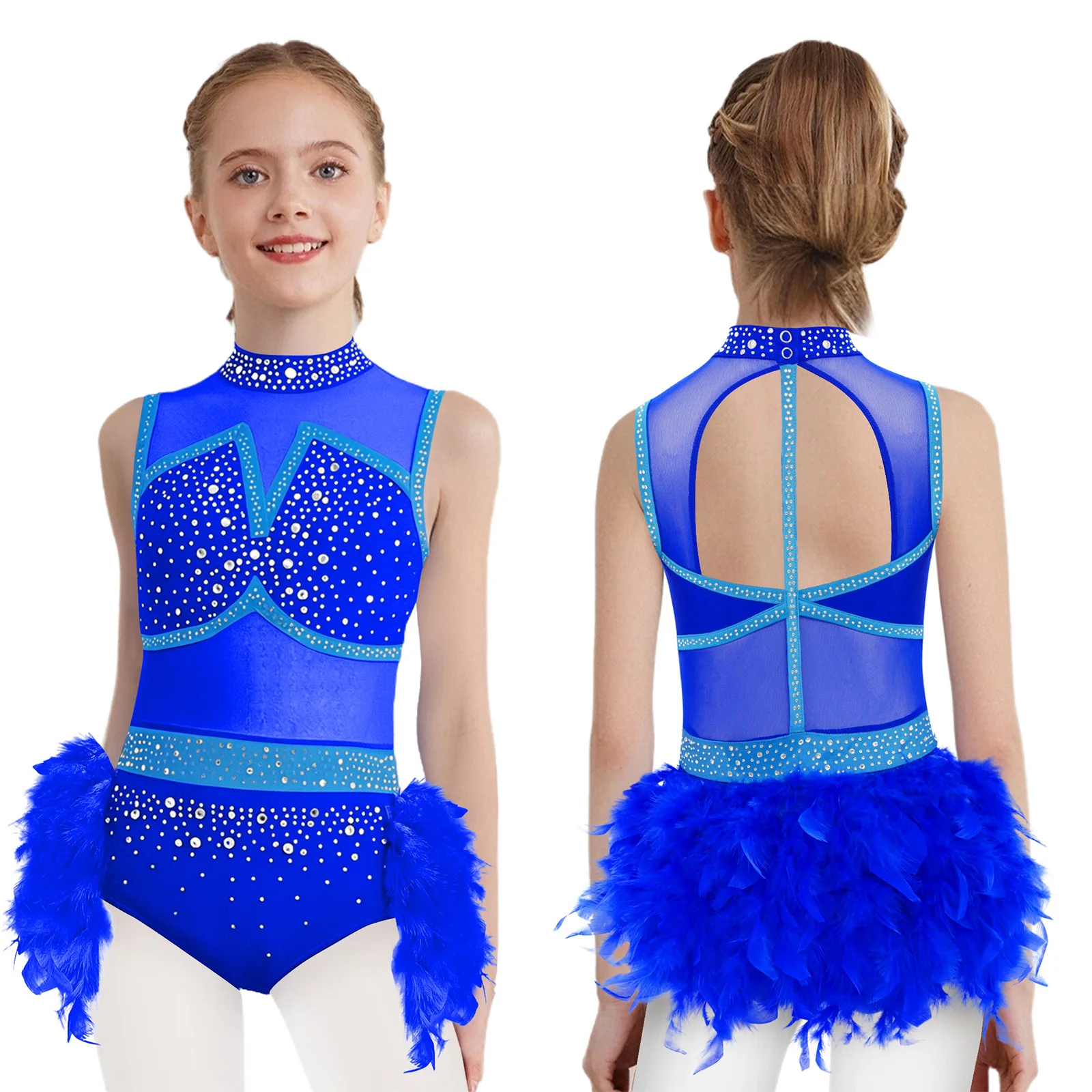 Kids Girls Jazz Latin Dance Leotard Dress Performance Costume Halter Sparkly Feather Tulle Skirted Bodysuit Sleeveless Dancewear