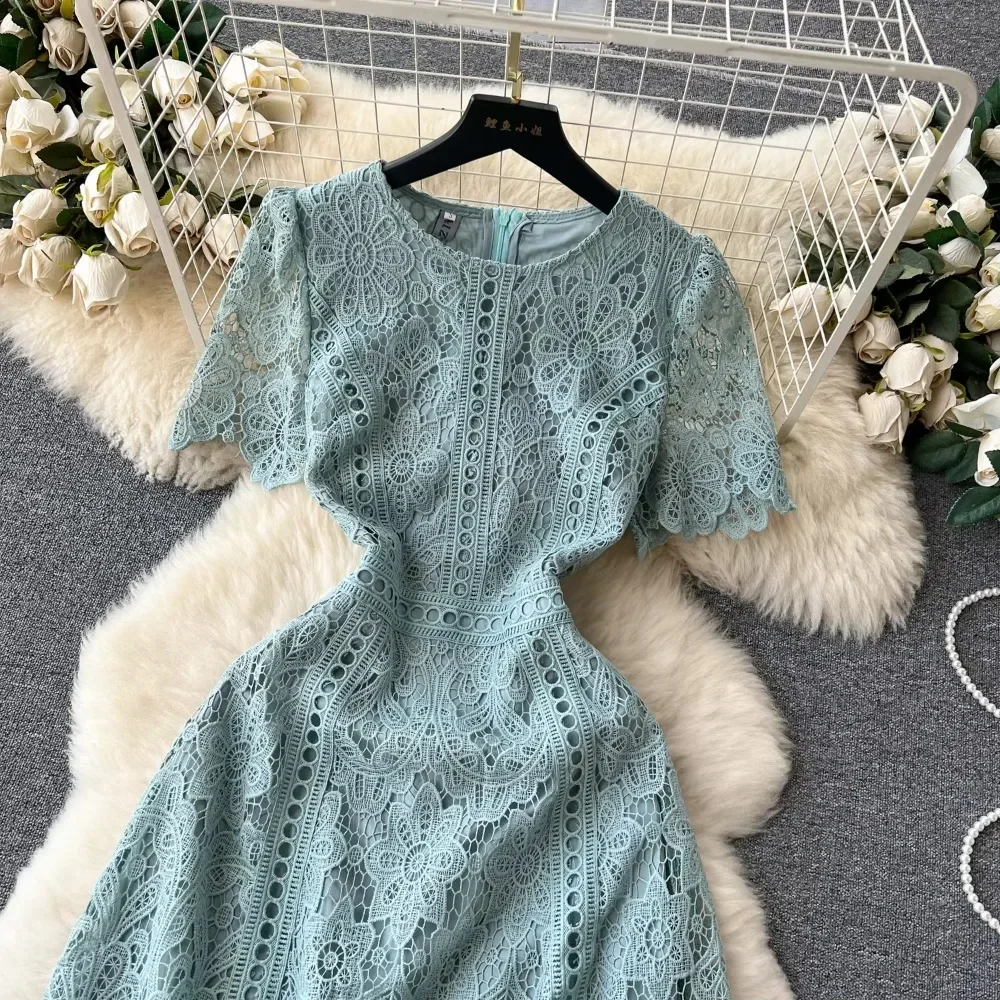 Vintage Solid Lace O-neck Hollow Out Lotus Leaf Sleeves Short Sleeves Long Dresses Casual Women A-Line Fashion Summer Clothing