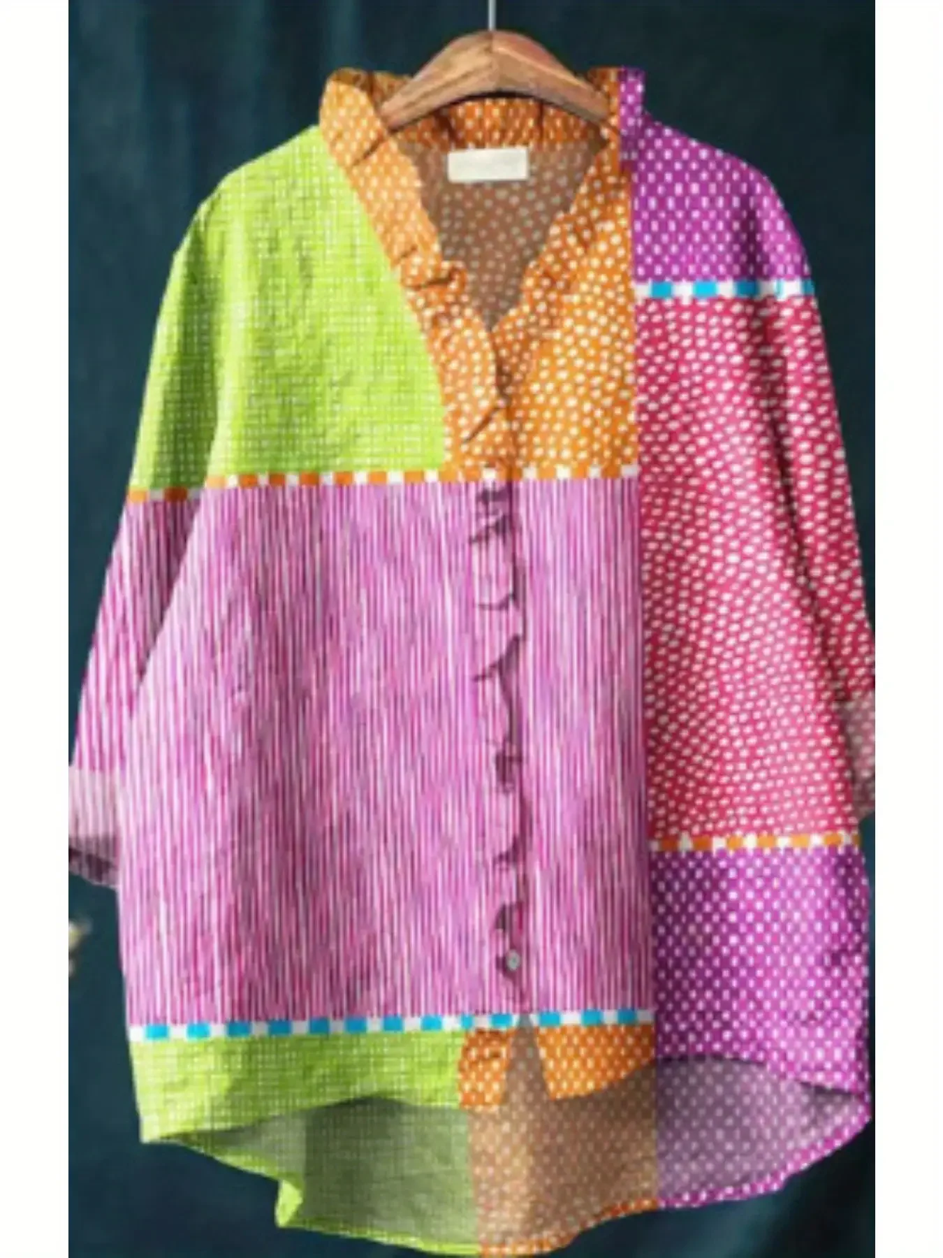 Ladies' printed long sleeved shirt with ruffled neckline, Comfortable and easy to maintain polyester fiber.