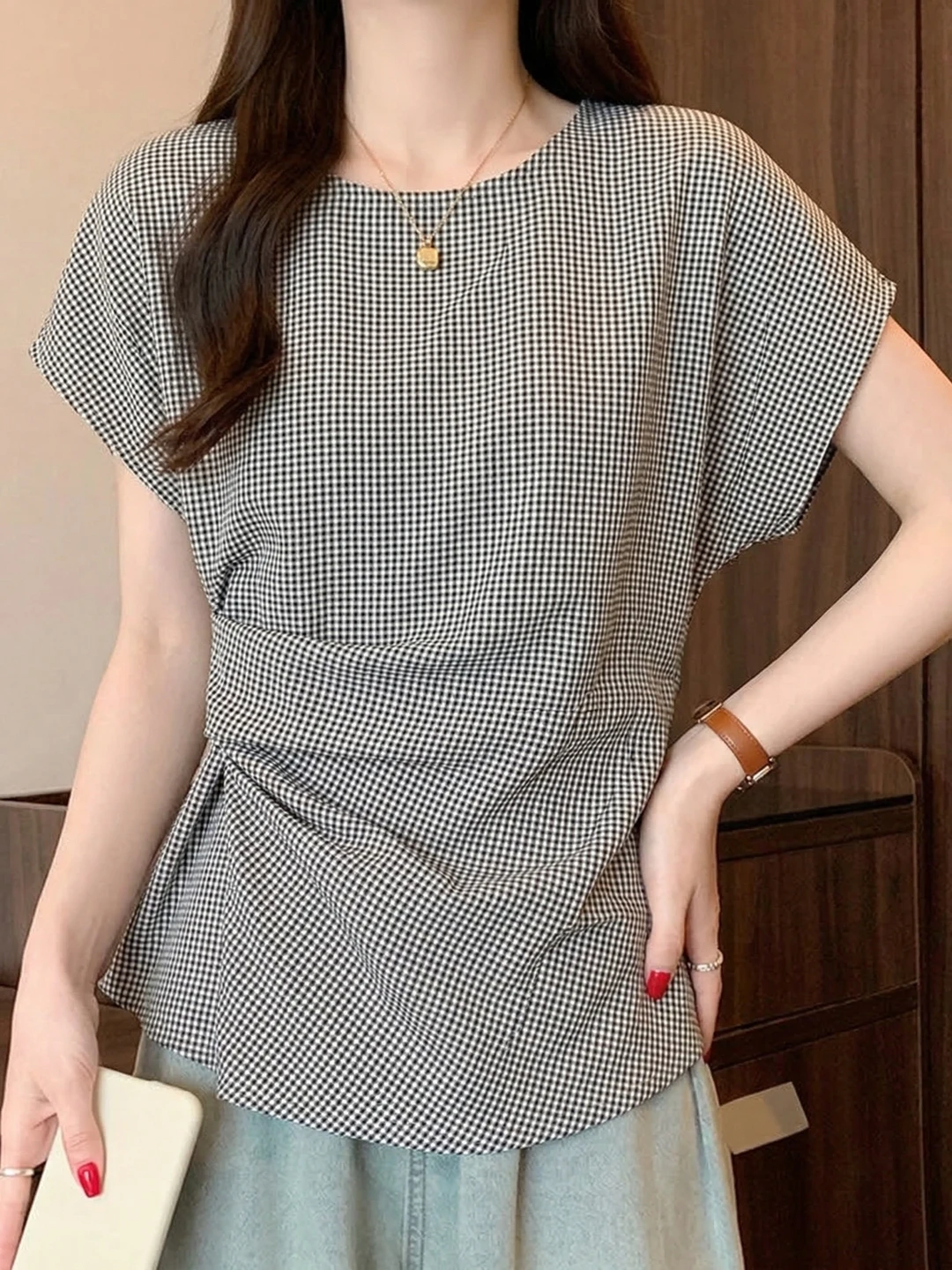 

Korean Style Plaid Short Sleeve Shirt Women Summer 2026 New plus Size Frock Gown Waist Cinch Tie Bowed Top Trendy Blouse