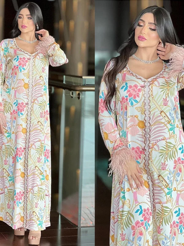 Ramadan Kaftan Dubai Luxury Diamonds Long Dresses Floral Print V-Neck Lace Tape Elegant Casual Party Dress Muslim Women Clothing