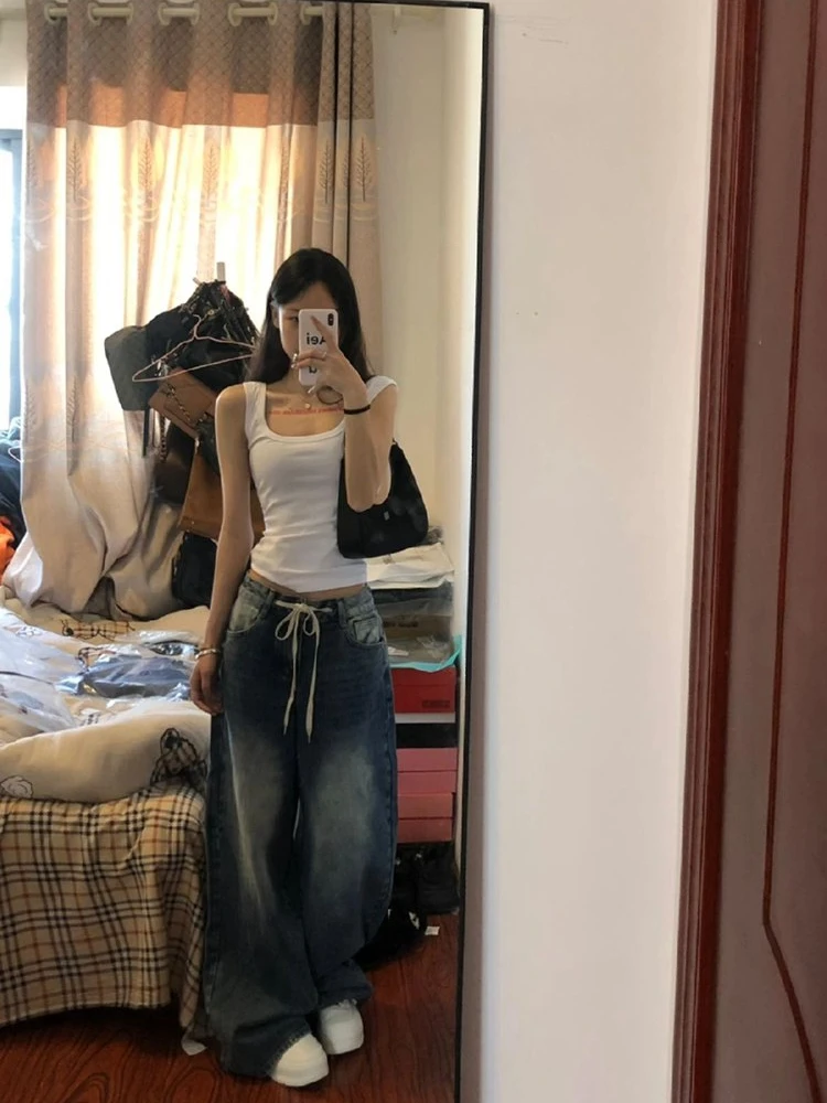 Jeans para meninas y2k mulher bolsos denim preto moda estilo coreano vintage cintura alta baggy perna larga namorado harajuku bolso