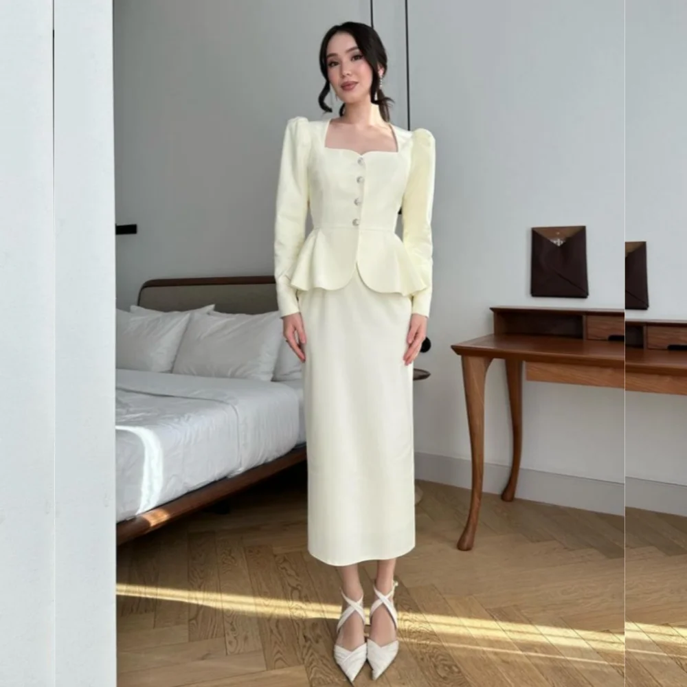 

Customized Button Straigh Prom Gowns Tea-Length Square Neck Long Sleeve Evening Dresses Simple Party Dresses