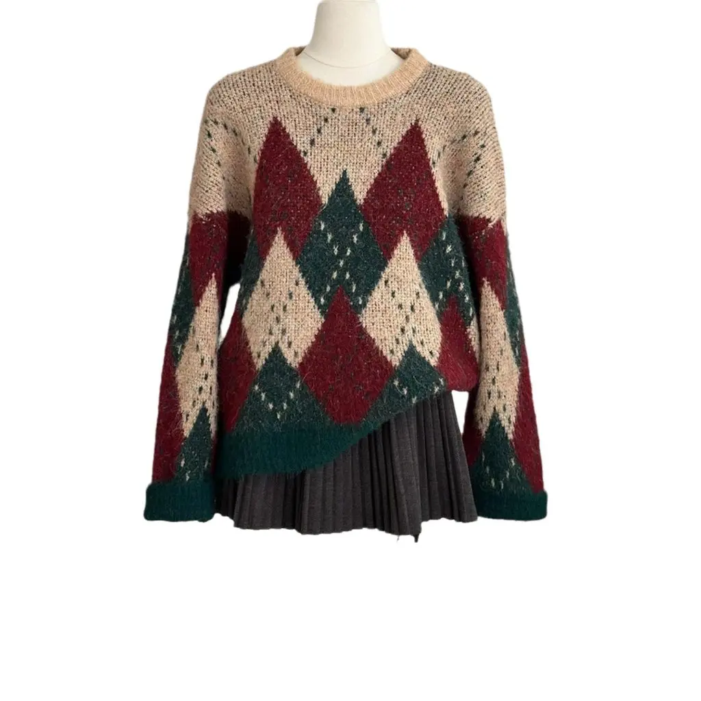 

Женский винтажный ромбический контрастный цветной рождественский свитер с длинными рукавами, свободный вязаный топ, модный осенний ленивый стиль