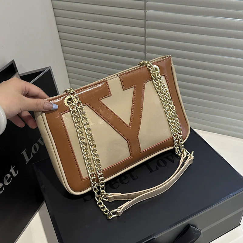 

2025 Color-block Chain Crossbody Bag for Women Minimalist Shoulder Handheld Purse Fashionable Handbag