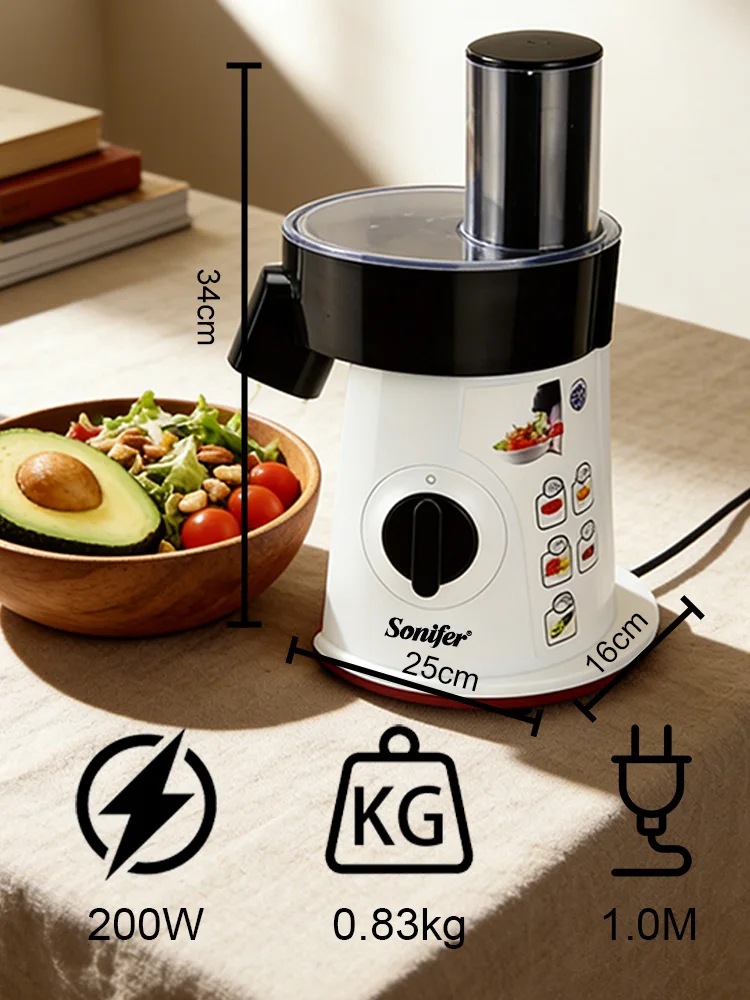 Sonifer SF-5505 5 in 1 Electric Salad Maker 200W Vegetable Slicer Shredder with 5 Stainless Steel Discs XL Feeding Tube 220V image 4