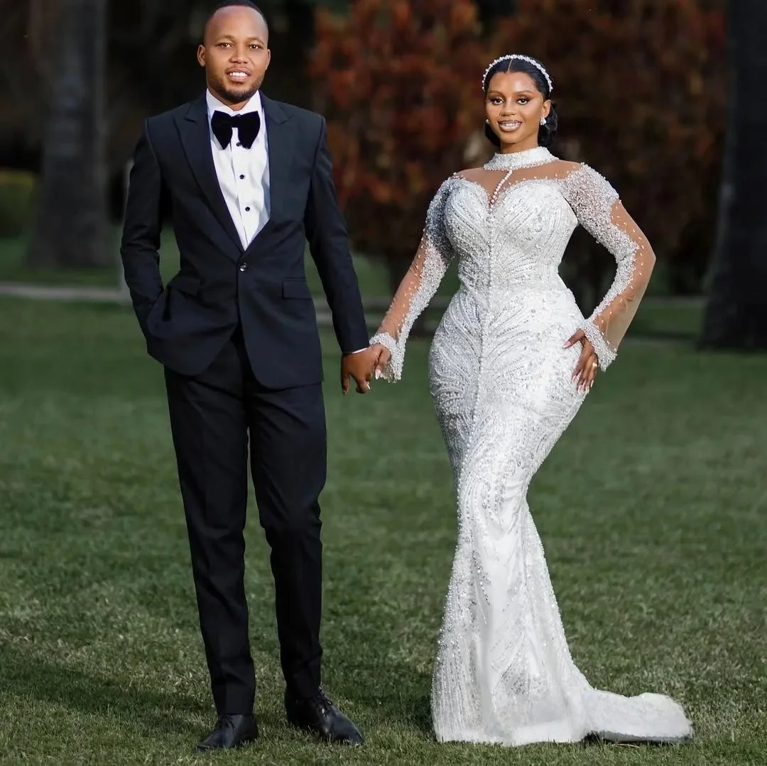 Customized Mermaid Wedding Dresses Bridal Gowns High Neck Long Sleeves Illusion Beaded Lace Appliqued Crystals Wedding Gown