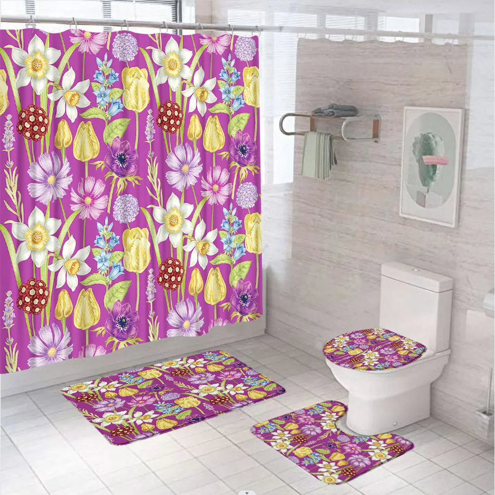 Watercolor Flower Plant Shower Curtain Set Colorful Tulip Daisy Floral Cloth Screen Flannel Rug Bath Mat Carpet Toilet Lid Cover