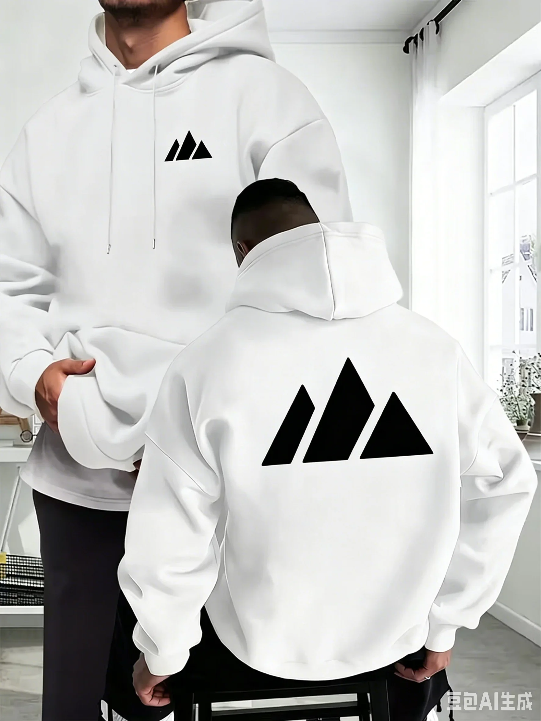 Men's Fall/winter Casual Hooded Sweater Featuring A White Mountain Pattern Sport Elements with A Relaxed Casual Outdoor Style.