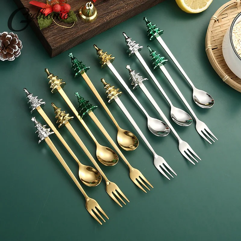 6 Piece Christmas Spoon Fork Set Christmas Tree Coffee Dessert Tea Soup Stirring Spoon Cake Fruit Fork Tableware Christmas Gift