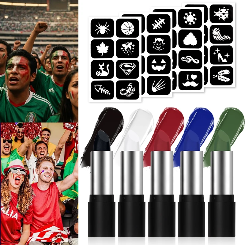 5 Colors Face Paint Stick Set with Stencils,Non-Toxic Body Face Painting Kit for Sports Fans Football Game Cosplay Party Makeup