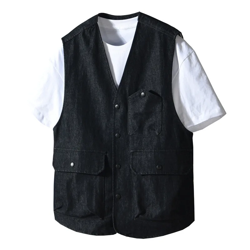 

Japanese Retro Mens Vest Jacket Spring Summer Vest for Men Teachwear Waistcoat V-neck Multi-Pockets Sleeveless Denim Jacket Menm