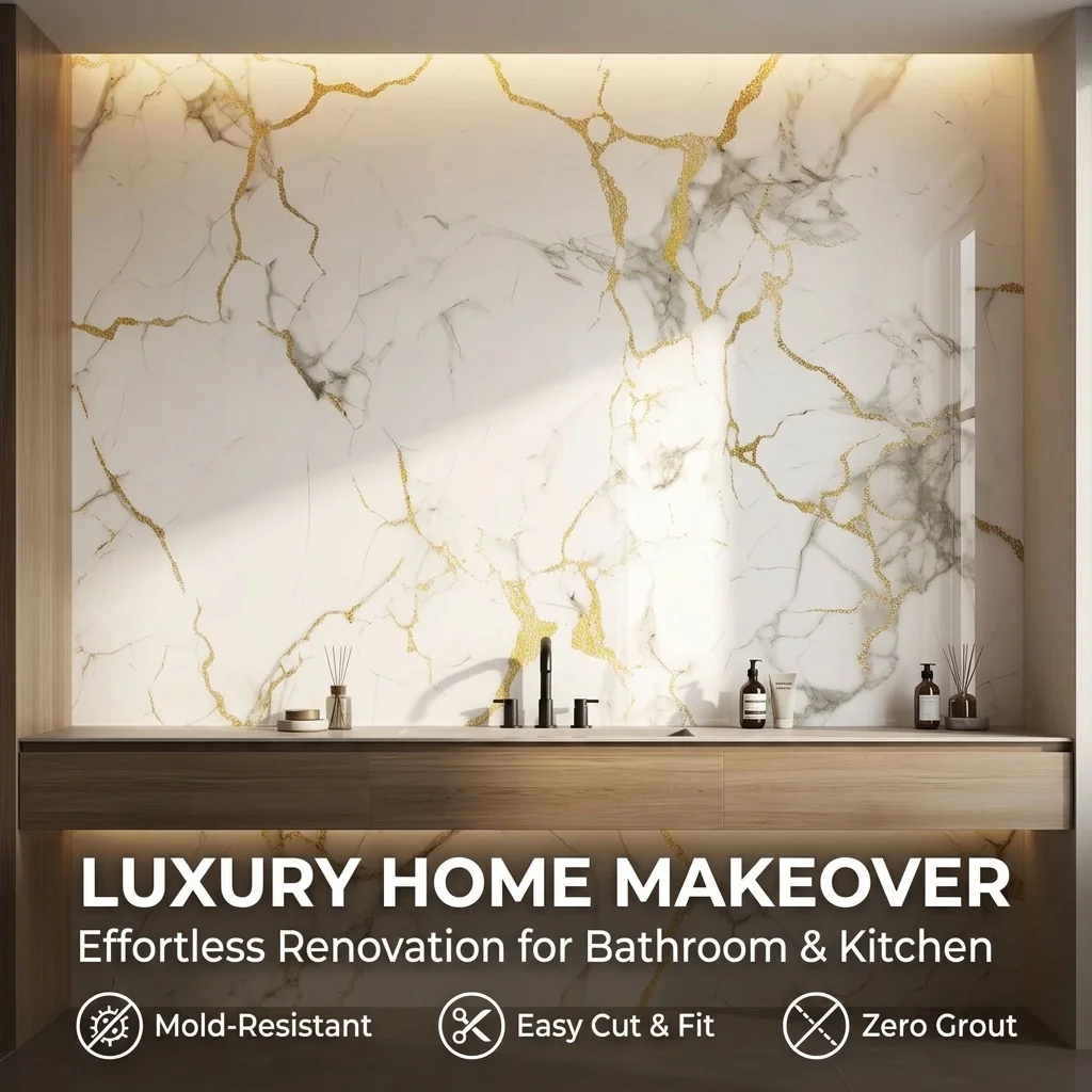 Heavy Duty Stick-on Tile Wallpaper High Tack Water-Resistant Marble Pattern Vinyl Wall Sticker for Shower Bathroom Home Decor