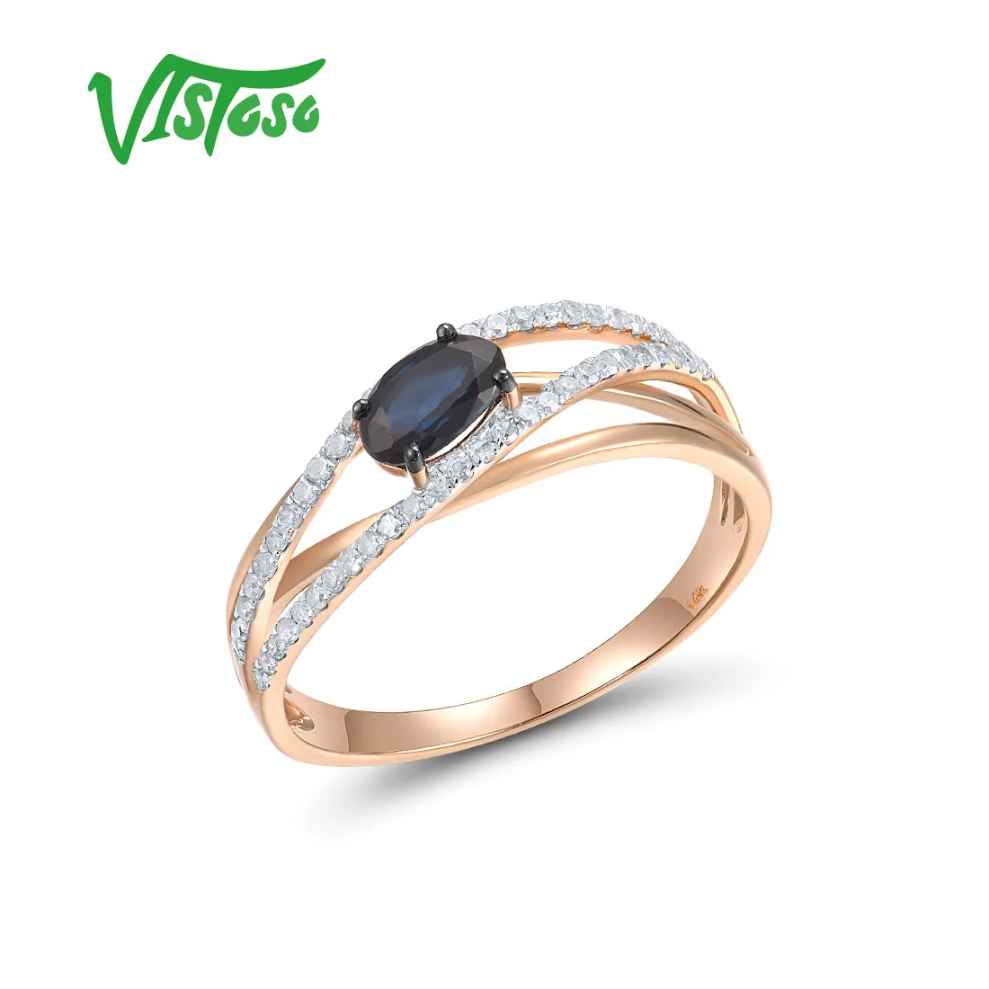 

VISTOSO Genuine 14K 585 Rose Gold Ring For Women Sparkling Blue Sapphire Diamond Solitaire Ring Simple Style Trendy Fine Jewelry