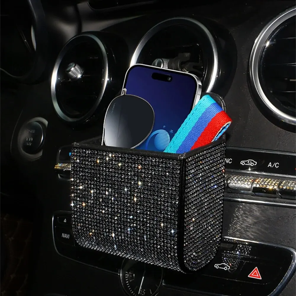 Car Storage Box Diamond-encrusted Car Air Conditioning Outlet Storage Multi-functional Leather Full Diamond Bag Auto Accessories