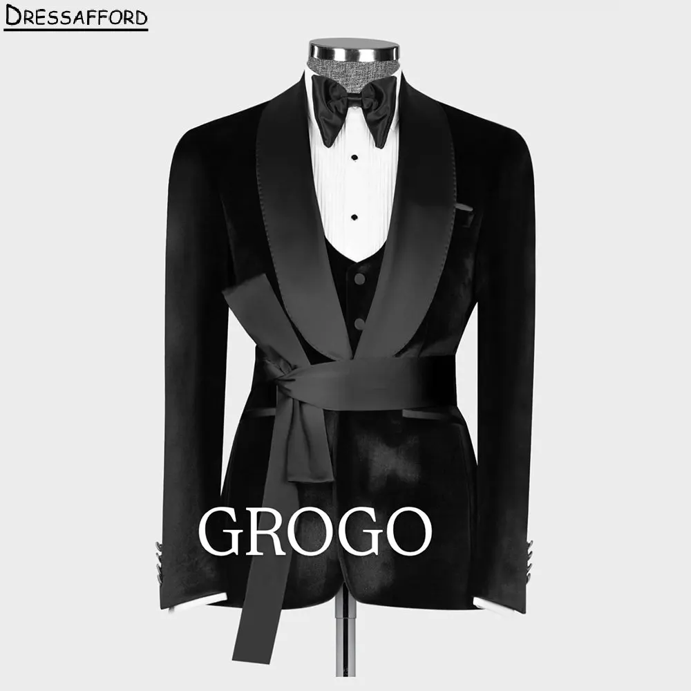 

Black Solid Formal Wedding Suits With Belt Men's Business Suit 3 Pieces (Jacket+Vest+Pants) Man Tuxedo Groom Wear