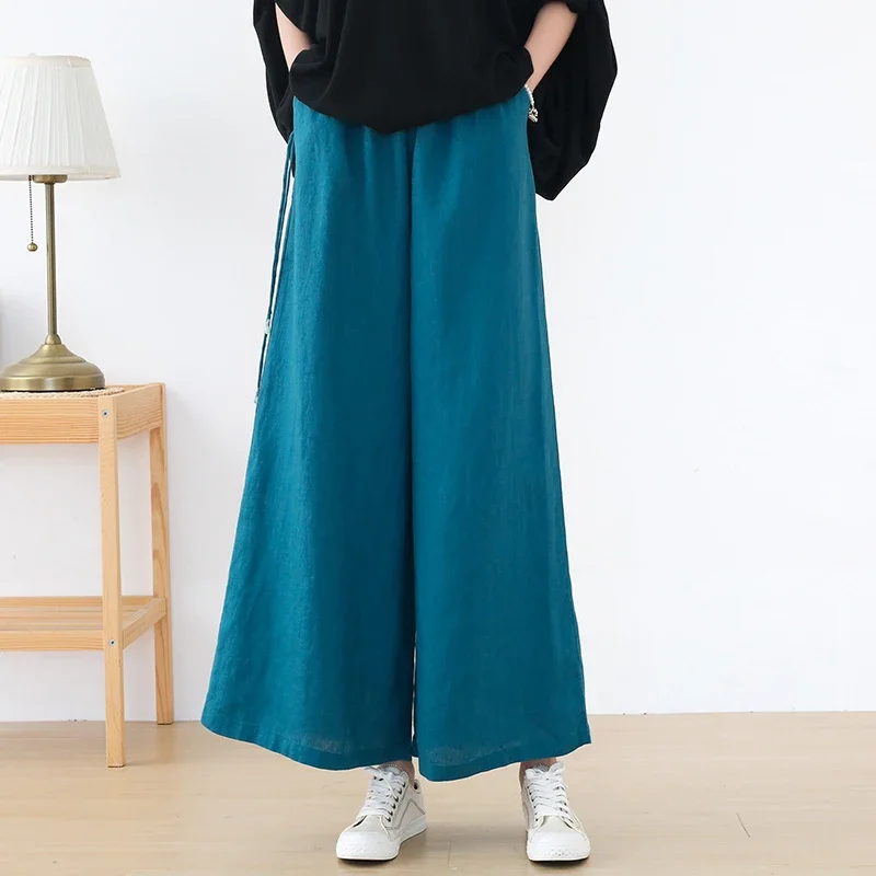 

2024 Solid Women Straight Leg High Waist Women's Pants Fashion Official Wear Woman Pant Suits Wide Leg Elastic Linen Trousers