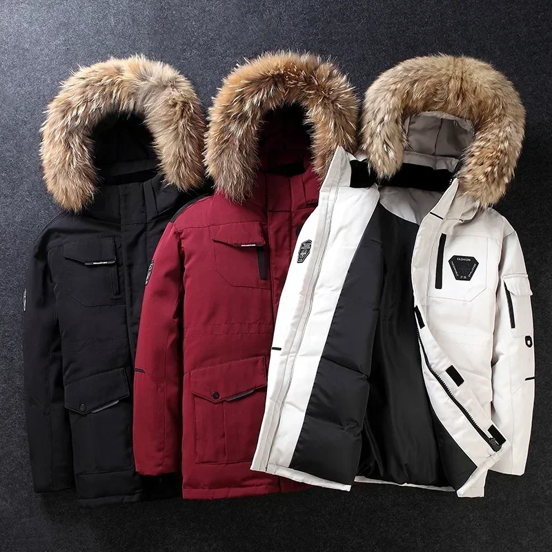 2024 Winter Down Jacket Men South Korea Running Fur Collar Hooded Luxury White Duck Down Warm Coat Men Cold-proof Tooling Parka