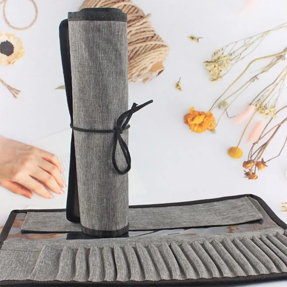 Durable Canvas Painting Brush Storage Pouch Grey Waterproof Pen Curtain 24 Holes Roll Up Pen Bag Students