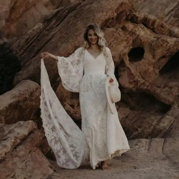 Vestidos De Novia bohemios sin espalda, línea A, cuello en V, manga larga, encaje, vestido De Novia