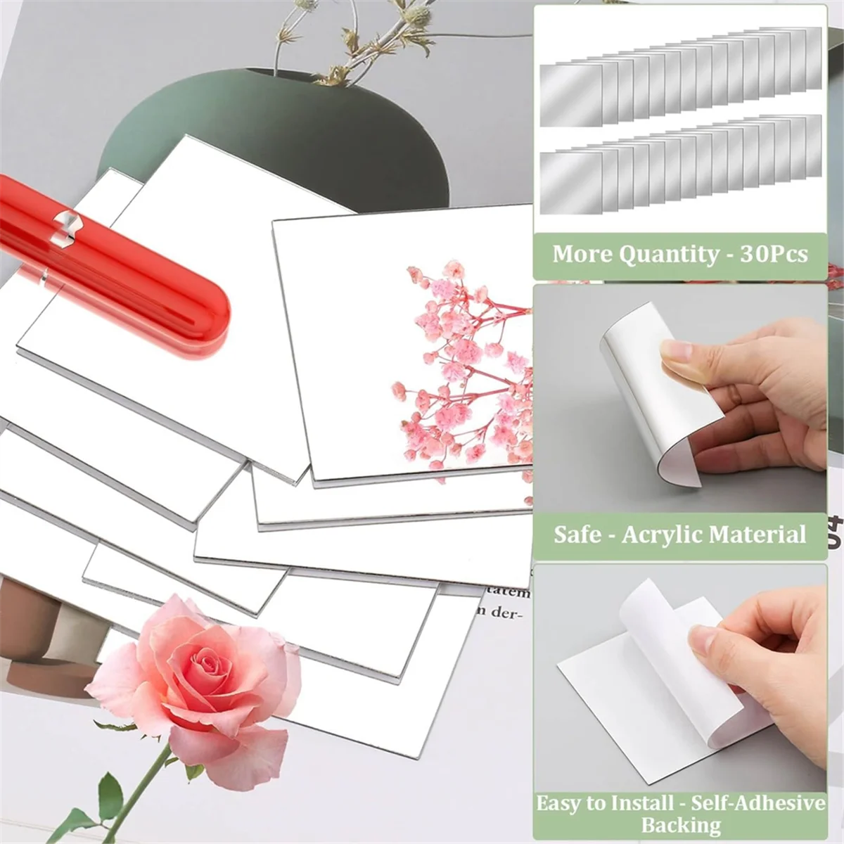 30 mini baldosas de espejo acrílico autoadhesivas, baldosas de espejo pequeñas cuadradas de alta definición de 3 pulgadas para manualidades y paredes