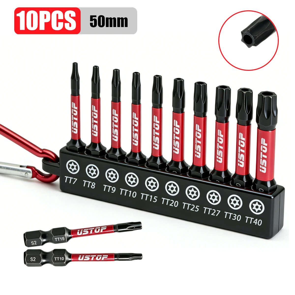 Conjunto de 10 peças de pontas Torx de segurança em aço S2, pontas magnéticas resistentes a impactos de 50 mm, gama completa de tamanhos de Tt7 a Tt40, com suporte de armazenamento tipo mosquetão, para reparo automotivo, reparo de eletrodomésticos e traba