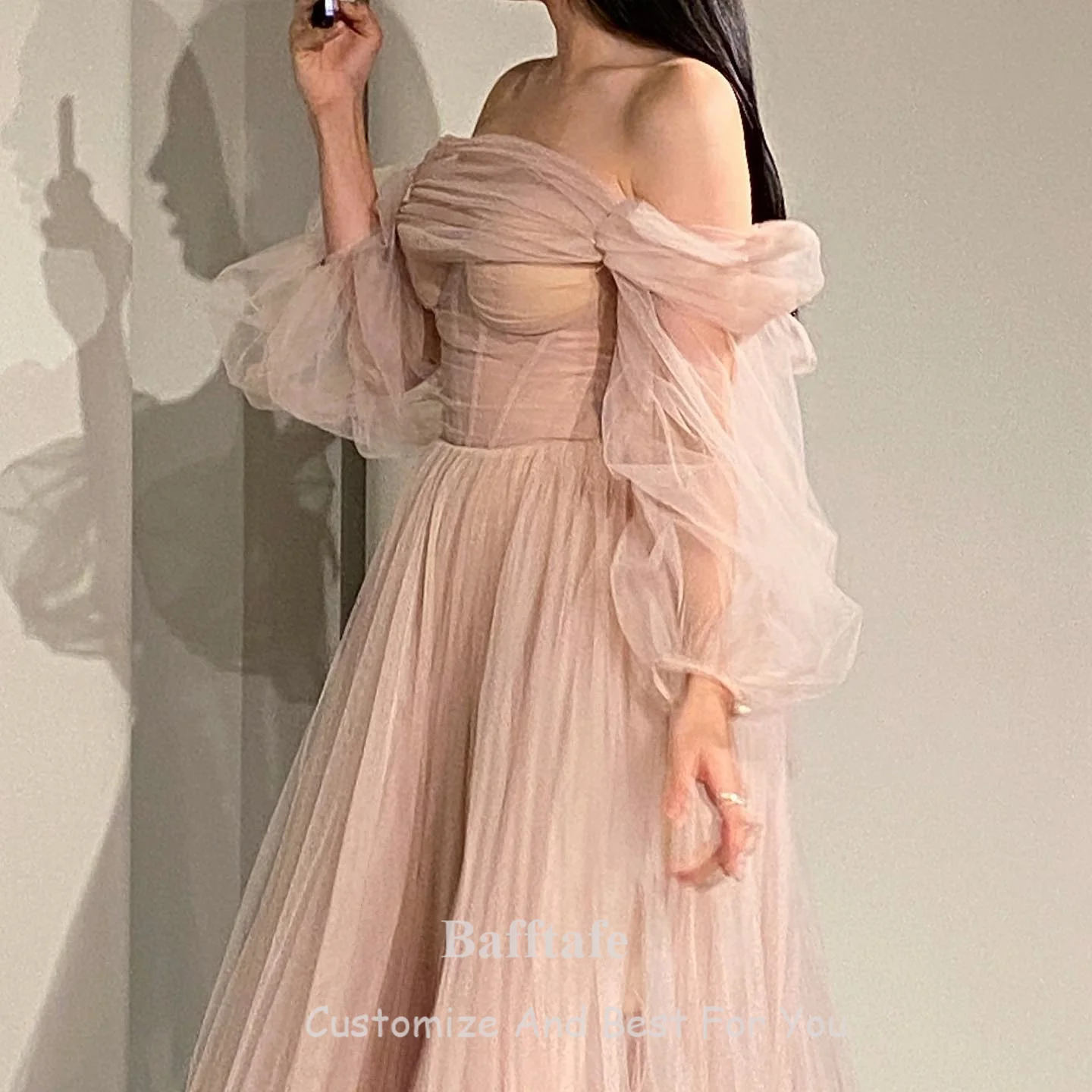 Bafftafe Customized A Line Soft Tulle Long Prom Dresses Korea Women Wedding Photoshoot Detachable Puff Long Sleeve Evening Gowns