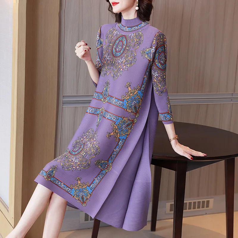 French high-end print Miyake pleated dress spring 2022 new fashion loose plus size age-reducing mother women's dress