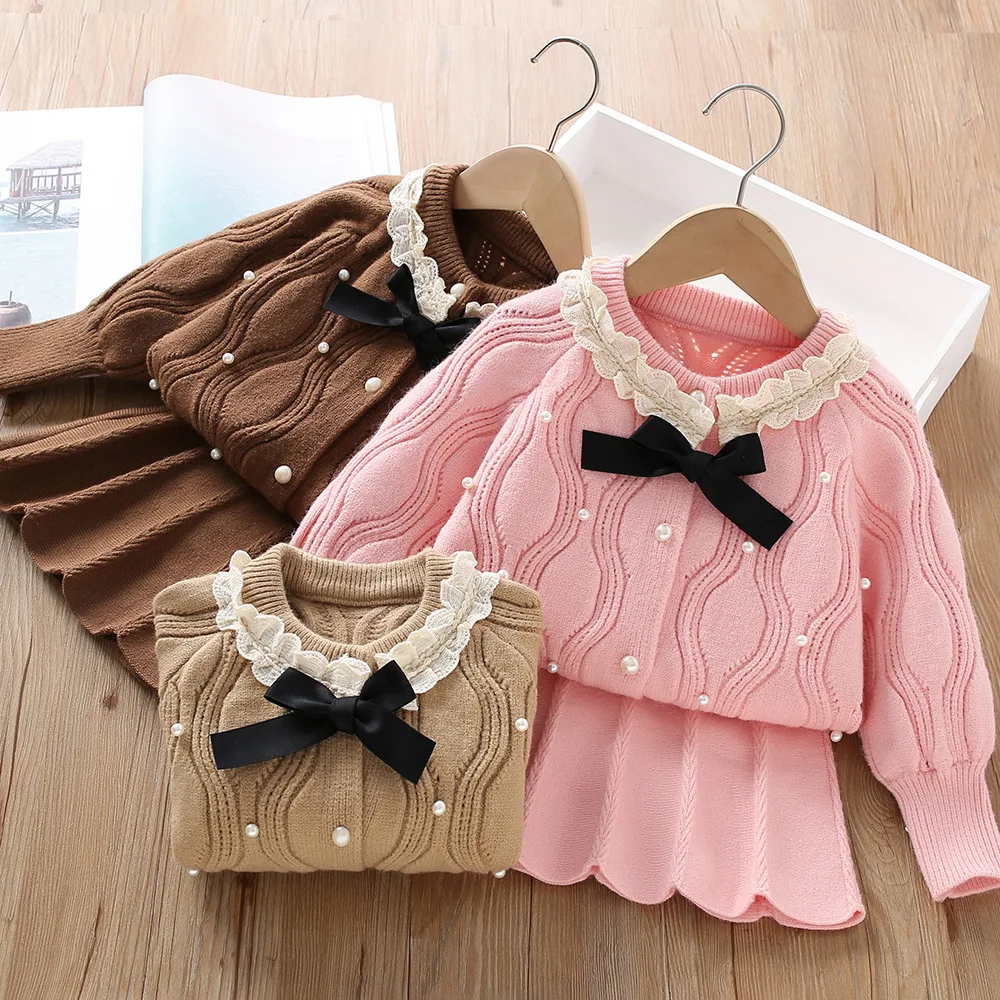 

Girls Knitted Clothes Sets Spring Autumn Children Woolen Jersey Sweaters Tops Skirts 2pcs Princess Dress Suit For Kids Outfits 6
