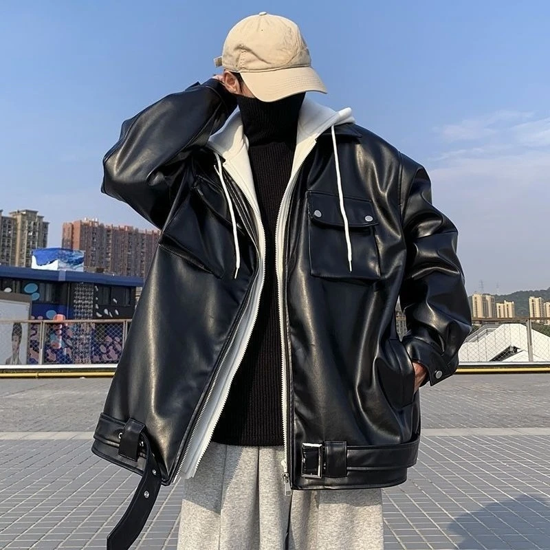 

Oversized Men's PU Leather Jacket Spring Autumn Loose Fit Two Piece Style Casual Streetwear Biker Coat for Big Size Up To 230lbs