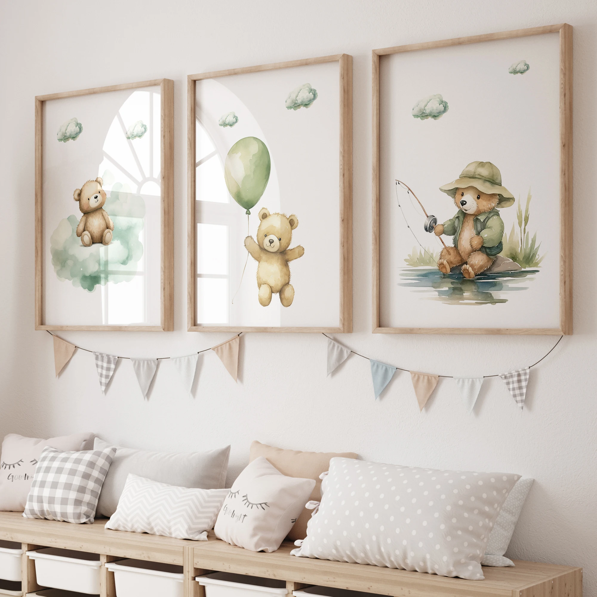 Cartoon-Wandkunstdruck mit entspanntem Bären auf grünen Wolken, Leinwandgemälde, Poster, Bild für Wohnzimmer, Kinderzimmer, Schlafzimmer, Heimdekoration