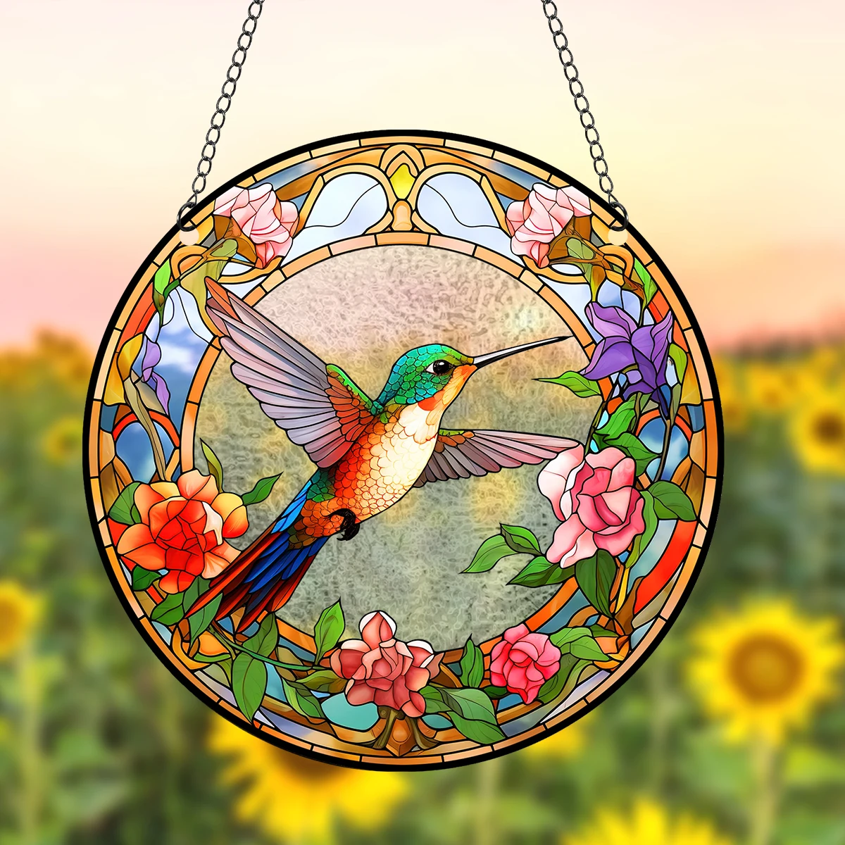 Acrylic Pattern Hummingbird Stained Window Hangings Colorful Flower Suncatchers for Windows, Birds Window Hangings with Chain