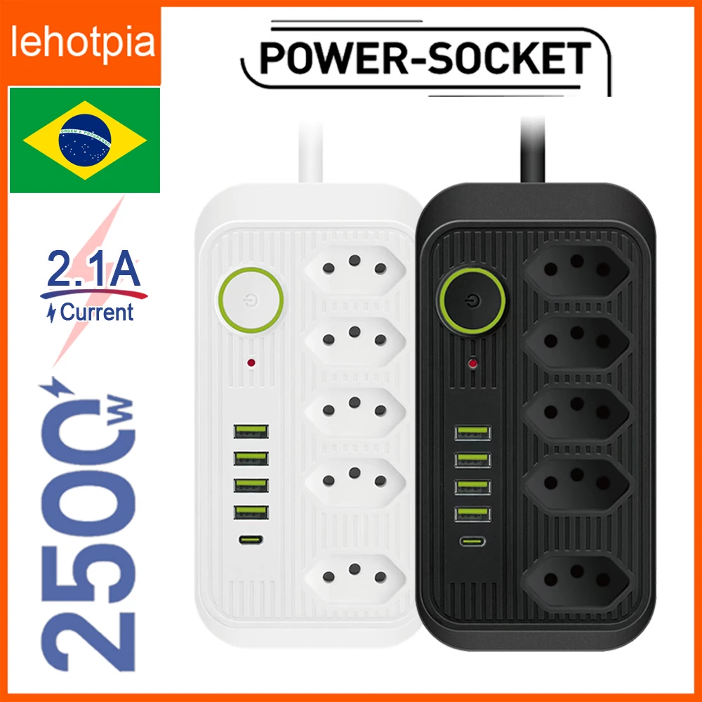 Brazil Plug Power Strip With 5 Outlet 4 USB Ports ,2M Extension Cord Smart Home Surge Protector Socket Standard BR Plug Adapter