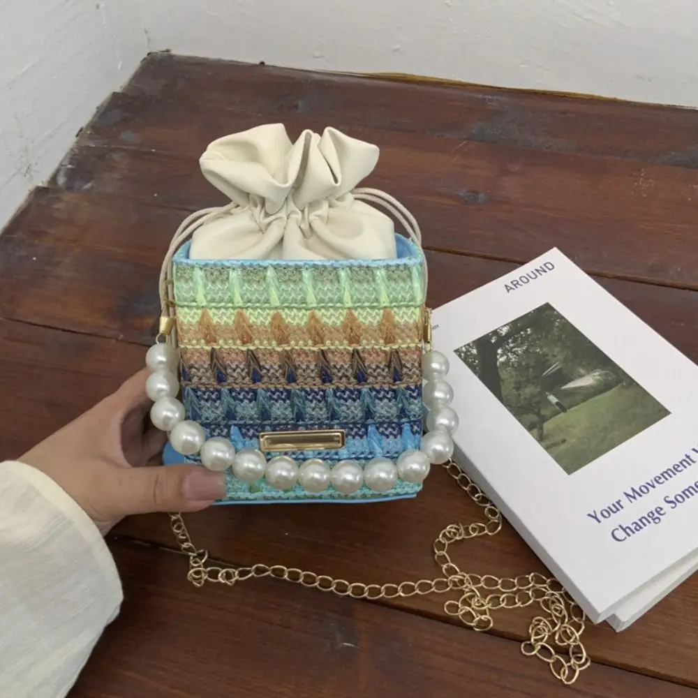 

Versatile Bohemian Straw Shoulder Bag Elegant Square Drawstring Bucket Bag Lightweight INS Women's Crossbody Bag Outdoor Travel