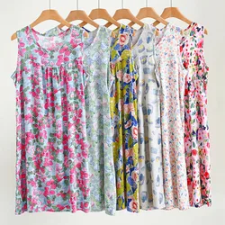 Big Size Loose Sleep Shirts For Lady Sleeveless Summer Cotton Nightie Casual Vintage Printed Women's Nightgowns Home Dress