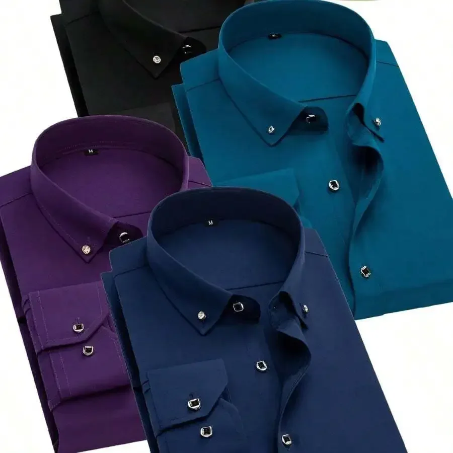 

4pcs Mens Long Sleeve Solid Color Dress Shirts With Rhinestone Buttons Formal Business Casual