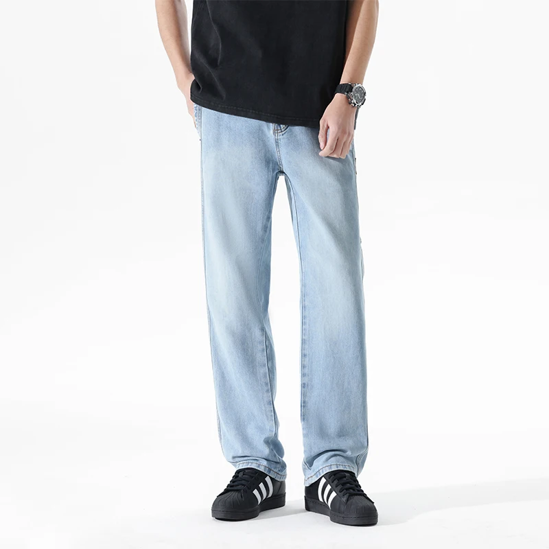 

Plus Size Autumn and Winter American Retro Trendy Washed Distressed Denim Jeans Men's Casual Regular Straight Light Blue Pants