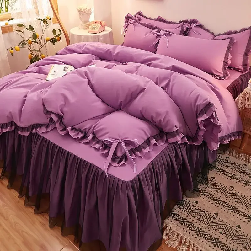 

2020 Lace Solid Color Bed Cover Set Kids Girl Duvet Cover Adult Child Bed Sheets And Pillowcases Comforter New Bedding Set
