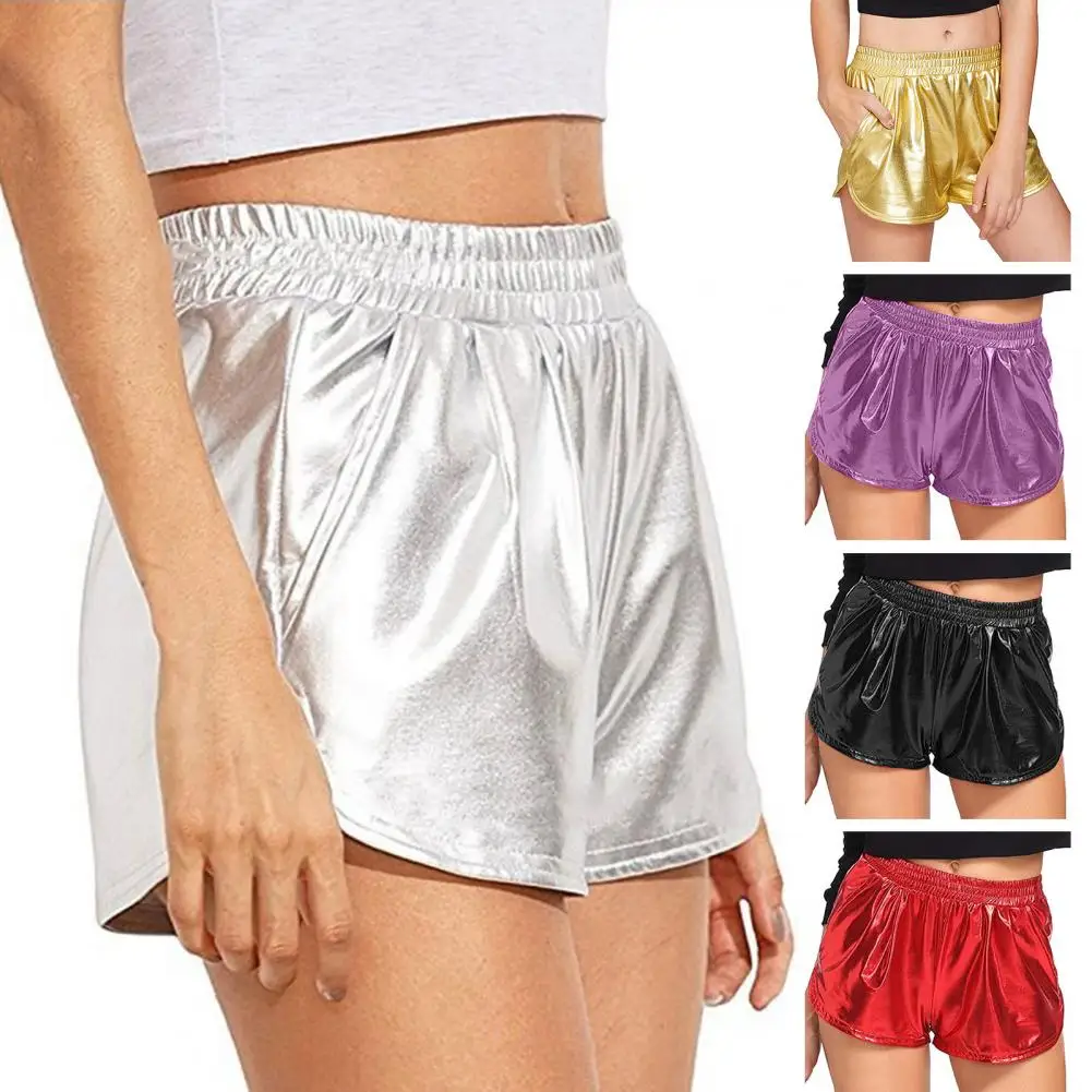 Shorts de couro sintético com bolsos de cintura alta para mulheres, shorts elegantes brilhantes, streetwear casual, moda da moda