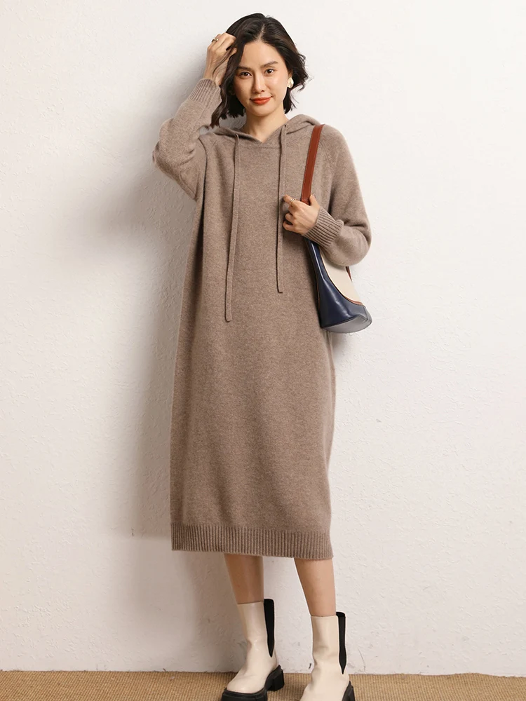 

Chic Soft Hooded Pullover knitwear Women's Cashmere Sweater Casual Loose Autumn Winter Female Grace Clothes 100% Cashmere Dress