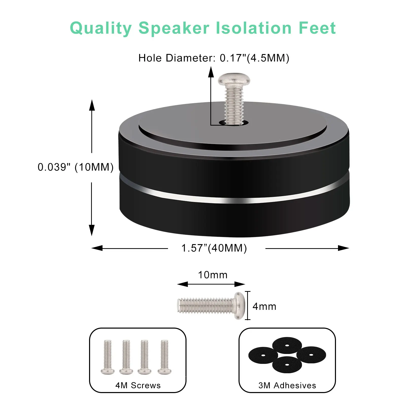 4 Piedini In Alluminio 40x20mm Per Altoparlanti HiFi E Giradischi | Isolatori Antiscivolo Con Gomma Rimovibile | Foro Vite Da 4.5mm
